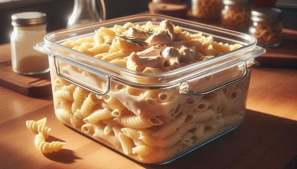A glass food storage container filled with freshly made creamy chicken alfredo pasta. The pasta is neatly arranged, with the rich, velvety sauce glistening. The container sits on a wooden kitchen counter, bathed in warm, soft lighting from a nearby window. The scene conveys a sense of homemade comfort and effortless storage for future enjoyment of this delectable dish. The camera angle is slightly elevated, capturing the contents in an appetizing, photogenic manner. The overall mood is inviting and appetizing, perfectly suited to illustrate storage instructions for a creamy chicken alfredo recipe.