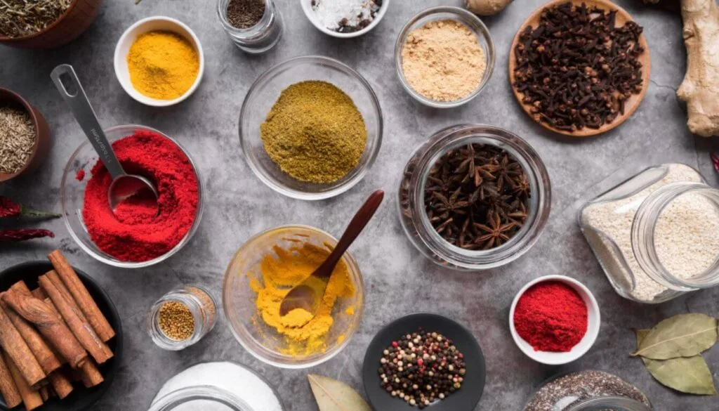 A sleek, modern still life showcasing an assortment of salmon seasonings. The overall mood is one of culinary sophistication and quality, inviting the viewer to explore these premium flavor boosters for their next salmon dish.