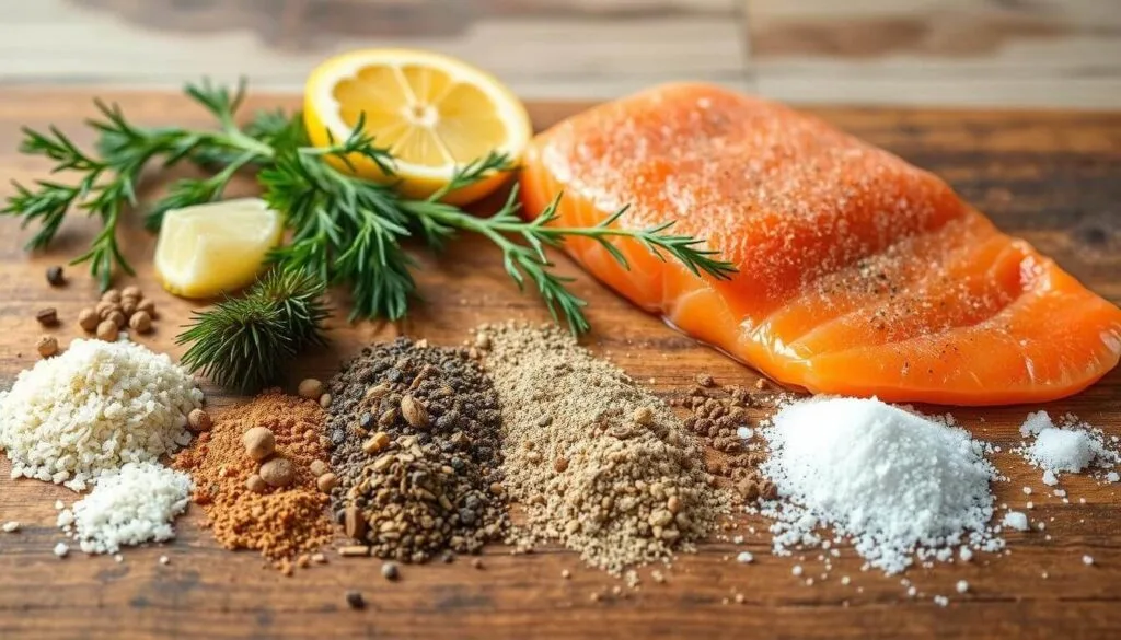 A flat-lay photograph of an assortment of salmon seasoning ingredients arranged on a rustic wooden surface. In the foreground, various whole and ground spices such as dill, fennel, black pepper, and sea salt are neatly placed. In the middle ground, fresh lemon wedges, sprigs of herbs, and a few pieces of salmon filet provide a complementary color palette. The background is softly blurred, conveying a sense of focus on the seasoning elements. The lighting is natural and diffused, creating warm, evenly-lit tones that enhance the textures and hues of the ingredients. The overall composition is balanced and visually appealing, showcasing the versatility and flavor profile of the salmon seasoning.