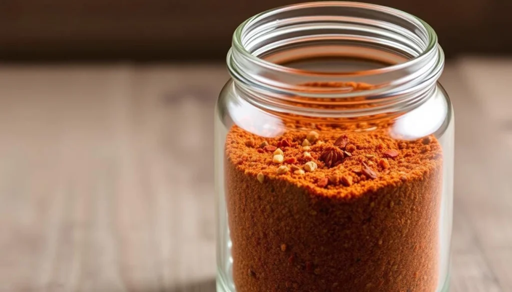 A glass jar filled with a rich, aromatic blend of freshly ground spices - vibrant crimson chili flakes, earthy cumin, fragrant garlic powder, and warm paprika. The jar is set against a wooden background, with a neutral light creating soft shadows and highlights that accentuate the texture and colors of the spice mixture. The overall composition conveys a sense of rustic, handcrafted charm, perfectly suited to complement the hearty, flavorful venison chili featured in the article.