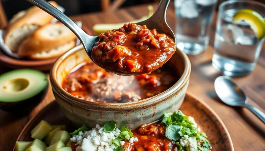 A vibrant, mouthwatering scene of a hearty venison chili, freshly ladled into a rustic ceramic bowl. In the foreground, garnishes such as diced avocado, crumbled queso fresco, and a sprinkle of chopped cilantro add pops of color and texture. In the middle ground, the rich, meaty chili bubbles, steam gently rising. Behind it, a wooden table is set with crusty bread, a tangy pickle spear, and a glass of ice water, creating a cozy, inviting atmosphere. Soft, natural lighting illuminates the scene, casting warm shadows and highlighting the enticing details. The overall impression is one of comfort, flavor, and the perfect serving suggestions for this delectable venison chili.