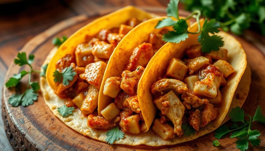 A delectable, freshly prepared chicken enchilada filling, simmered with savory spices and tender chunks of white meat, nestled between warm, soft corn tortillas. The enchiladas are arranged on a rustic, wooden surface, with a vibrant, verdant garnish of fresh cilantro sprigs scattered artfully around. Warm, ambient lighting casts a comforting glow, highlighting the rich, vibrant colors and textures of the dish. The camera captures the enchiladas from a slight overhead angle, emphasizing the layered construction and inviting the viewer to envision the authentic Mexican flavors.