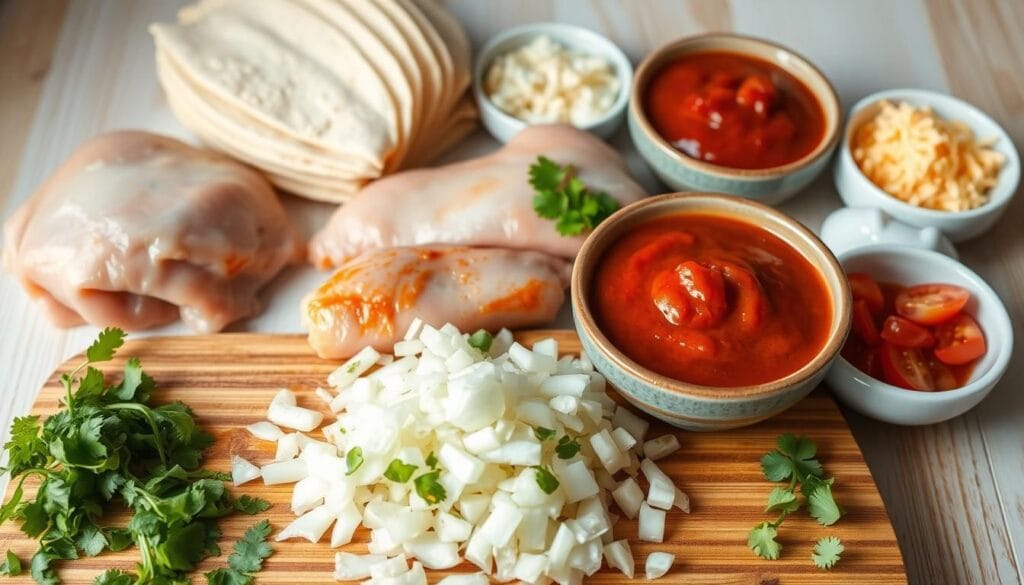 A neatly arranged assortment of high-quality ingredients for authentic chicken enchiladas, photographed from a high angle with soft, natural lighting. In the foreground, freshly chopped onions, garlic, and cilantro rest on a wooden cutting board. In the middle ground, plump chicken breasts, a stack of corn tortillas, and a vibrant red enchilada sauce in a ceramic bowl. In the background, shredded Mexican cheese, sour cream, and diced tomatoes are placed in small bowls, creating a visually appealing and mouthwatering scene that captures the essence of this classic Mexican dish.