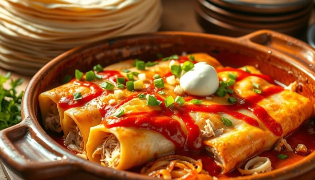 A mouth-watering homemade chicken enchilada dish, freshly baked in a rustic, earthenware baking dish. The enchiladas are tightly rolled, with tender shredded chicken, melted cheese, and a vibrant red enchilada sauce drizzled over the top. Garnished with diced onions, cilantro, and a dollop of sour cream, the dish exudes an authentic Mexican aroma. Soft, warm tortillas are stacked in the background, ready to be filled. The scene is lit by warm, natural light, casting a cozy, inviting glow over the enchiladas. The overall composition evokes the comforting, homemade feel of the "Best Chicken Enchilada Recipe for Home Cooks".