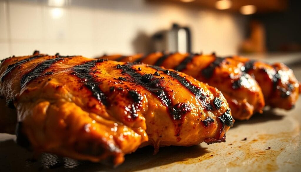 A mouthwatering close-up of perfectly grilled chipotle chicken, its golden-brown skin glistening under warm studio lighting. The juicy chicken breasts are beautifully charred, with hints of smoky chipotle seasoning visible. The image is captured from an appetizing low angle, emphasizing the tender meat and crispy edges. The background is a clean, minimalist kitchen countertop, allowing the chicken to take center stage. The lighting casts dramatic shadows, creating depth and dimension. The overall mood is one of culinary mastery - a dish that is both visually stunning and sure to tantalize the taste buds.