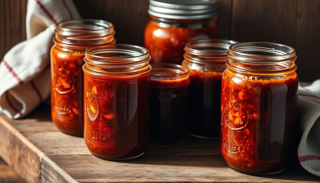 A set of glass jars filled with a thick, glossy chipotle marinade. The marinade has a deep reddish-brown color, with flecks of spices and herbs suspended in the liquid. The jars are arranged on a rustic wooden surface, with a vintage-style kitchen towel draped over the side. Warm, direct lighting casts soft shadows, highlighting the rich, smoky aroma of the marinade. The overall atmosphere conveys a sense of homemade, artisanal preparation, inviting the viewer to imagine the delicious, flavor-packed chicken that will be the result of this carefully crafted marinade.