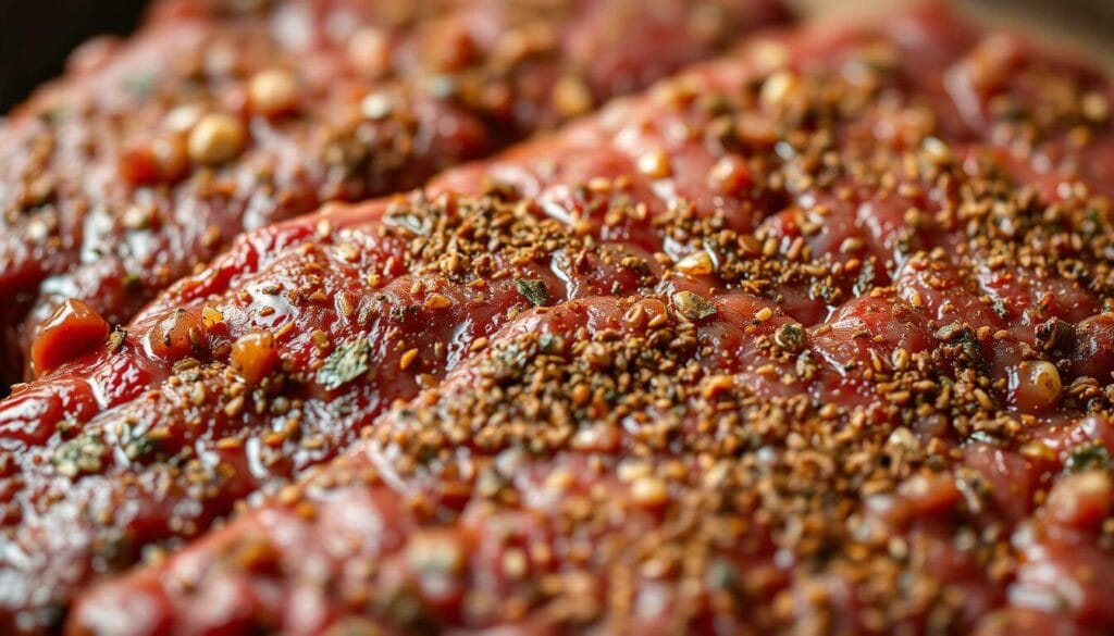 A close-up view of seasoned boneless short ribs, shot in natural lighting with a shallow depth of field. The meat is glistening with a blend of aromatic spices, herbs, and a touch of oil, creating a mouthwatering appearance. The foreground emphasizes the tender, juicy texture of the beef, while the background is softly blurred, allowing the focus to remain on the preparation and seasoning.
