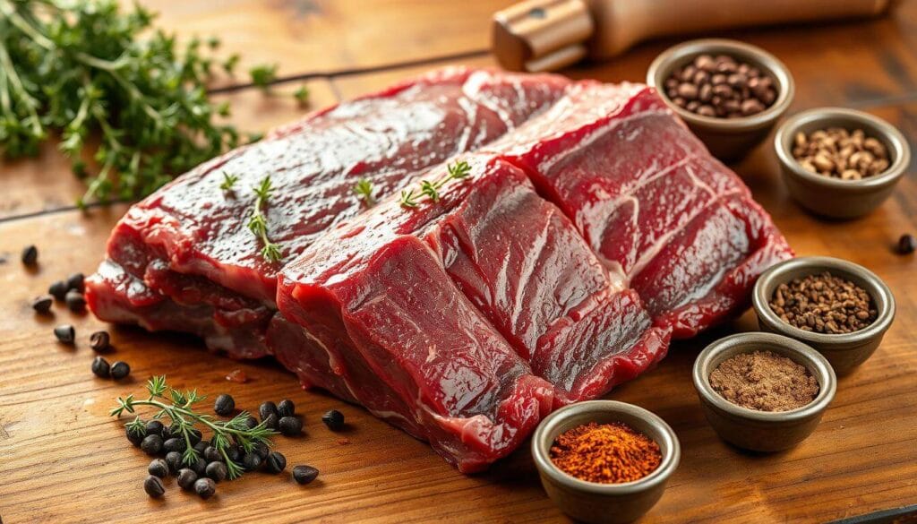 A still life composition of high-quality boneless short ribs, neatly arranged on a rustic wooden table. The meat glistens under warm, natural lighting, showcasing its tender texture and deep maroon hue. Surrounding the ribs are complementary ingredients such as fragrant thyme sprigs, peppercorns, and a selection of earthy spices in small ceramic bowls. The overall scene exudes an atmosphere of culinary excellence, inviting the viewer to envision the delicious, flavorful meal that can be prepared with these essential ingredients.