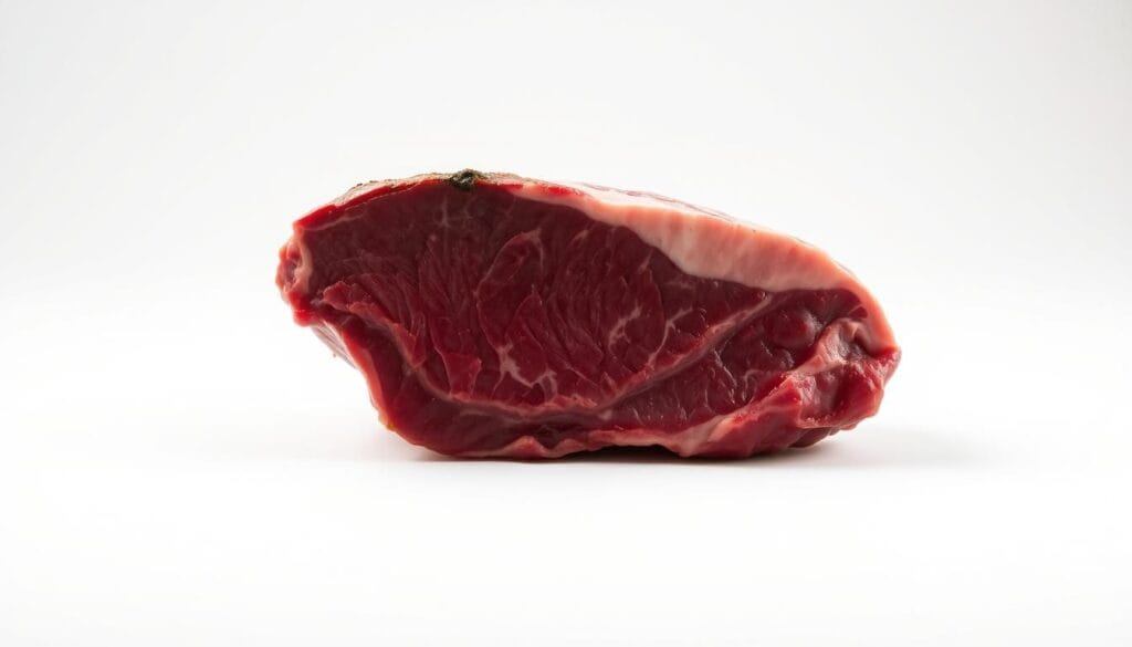 A high-quality picanha cut, showcased against a clean, minimalist background. The picanha is positioned centrally, with its distinctive fat cap and grain texture prominently displayed. Soft, warm lighting illuminates the meat, creating a rich, appetizing appearance. The image is captured at a slight angle, allowing the viewer to appreciate the cut's marbling and overall shape. The composition is balanced, with ample negative space surrounding the picanha to draw the eye towards its essential characteristics. The overall mood is one of refinement and culinary expertise, reflecting the artisanal nature of this premium beef selection.