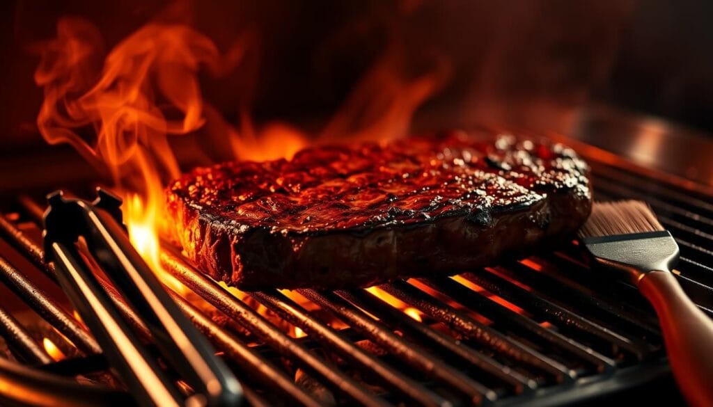 A perfectly grilled Picanha steak sizzles on a grill, surrounded by glowing embers and enveloped in a thin veil of savory smoke. The meat's deep crimson hue is highlighted by the warm, golden lighting, casting a cozy ambiance. The grill grates bear distinct sear marks, showcasing the careful attention to technique. In the foreground, a pair of tongs and a basting brush stand ready, hinting at the chef's meticulous process. The background fades into a blurred, moody atmosphere, allowing the steak to take center stage as the star of the scene.
