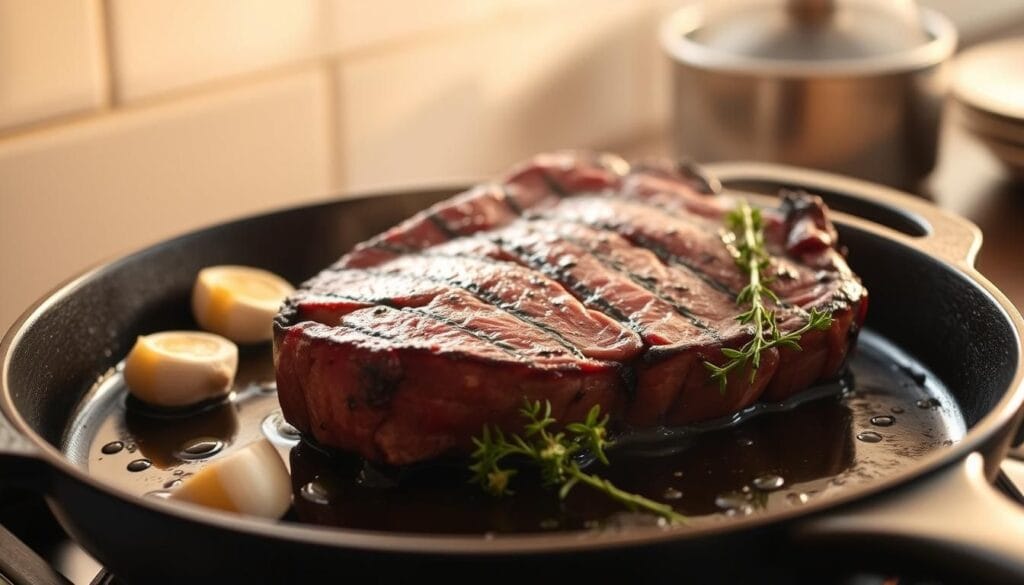 A sumptuous hanger steak sizzles on a cast-iron skillet, its savory aroma wafting through a softly lit kitchen. The steak's deep burgundy exterior is perfectly seared, revealing a juicy, tender pink interior. Halved garlic cloves and sprigs of fresh thyme nestle alongside, adding depth of flavor. Warm, diffused light bathes the scene, casting a cozy, inviting ambiance. The focal point is the hanger steak itself, the star of this culinary delight, presented in all its flavorful glory against a minimalist background that allows its mouthwatering qualities to shine.