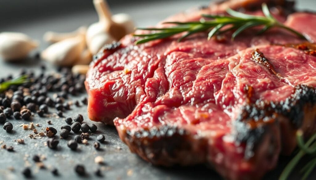 A close-up view of a juicy hanger steak, its surface glistening under natural lighting. The meat is richly marbled, with a deep red hue and a slightly charred exterior. In the background, a selection of artisanal seasonings and herbs, including coarse black pepper, garlic, and rosemary, are scattered, hinting at the complex flavors that elevate this unique cut. The composition is framed with a shallow depth of field, creating a sense of focus and highlighting the steak's tantalizing texture and aroma.