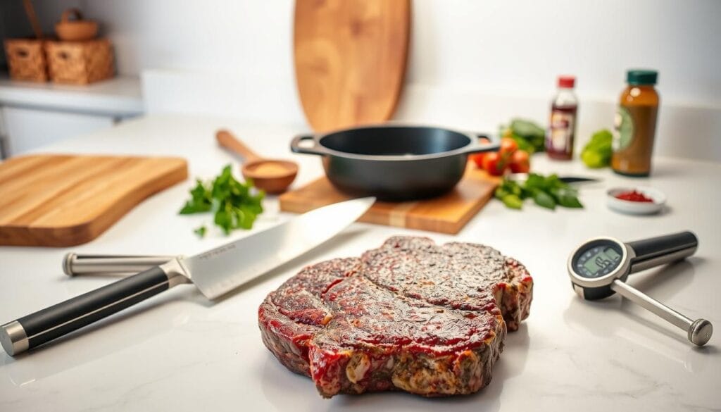 A pristine kitchen countertop, illuminated by soft, natural lighting. In the foreground, an assortment of specialized cooking tools for the preparation of a Tomahawk steak: a large chef's knife with a sturdy, stainless steel blade, a set of tongs with long, sleek handles, and a meat thermometer with a digital display. In the middle ground, a heavy-duty cast iron skillet and a wooden cutting board, both ready to receive the steak. In the background, a collection of fragrant herbs and spices, their vibrant colors complementing the utilitarian tools. The scene exudes a sense of culinary precision and anticipation, setting the stage for the creation of a truly exceptional Tomahawk steak.