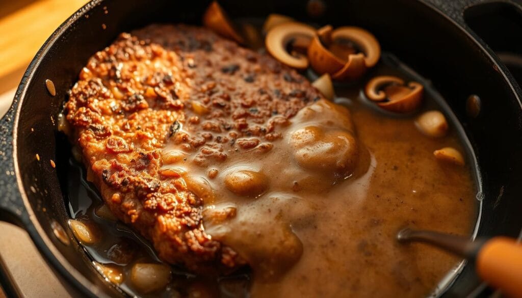 Hamburger steak sizzling in a cast-iron skillet, golden-brown crust forming on the edges. Onions and mushrooms sautéing in the rendered beef fat, filling the air with savory aromas. A rich, velvety gravy slowly simmering, thickening to a glossy sheen, infused with the deep flavors of the beef drippings. Warm, comforting light bathes the scene, accentuating the textures and highlighting the preparation process. The camera angle captures the preparation from an eye-level perspective, inviting the viewer to imagine themselves stirring the gravy and plating the dish. A quintessential homestyle meal, ready to be enjoyed.