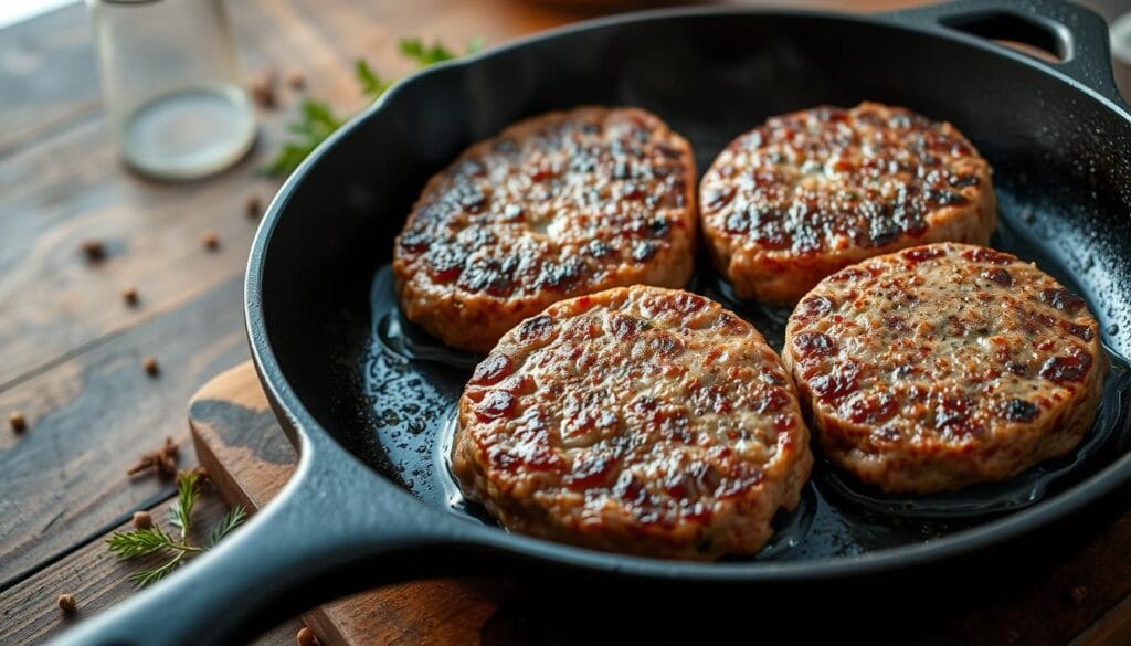 A close-up view of homemade hamburger patties sizzling on a hot cast-iron skillet, with a soft, golden-brown crust forming on the surface. The skillet is set atop a rustic wooden table, with a few fresh herbs and spices scattered nearby, lending a savory aroma to the scene. Soft, natural lighting filters in, casting a warm glow and highlighting the juicy texture of the meat. The camera angle is slightly elevated, capturing the process of cooking the hamburger steaks from an intimate, detail-oriented perspective, showcasing the techniques that result in a tender, flavorful final dish.