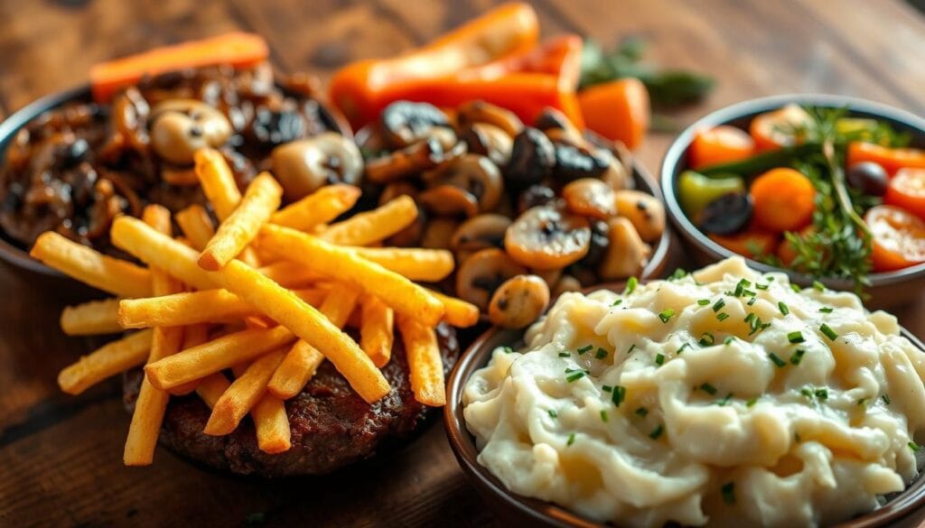 A mouthwatering arrangement of classic hamburger steak side dishes on a rustic wooden table. In the foreground, crisp golden french fries and fluffy mashed potatoes, garnished with chives. In the middle, sautéed onions and mushrooms, their savory aromas wafting through the air. The background features roasted vegetables, their vibrant colors creating a harmonious visual symphony. Warm, soft lighting casts a cozy glow, evoking a comforting, homestyle ambiance. The composition is balanced, with the various textures and flavors complementing each other seamlessly, creating the perfect accompaniment to a delicious hamburger steak meal.
