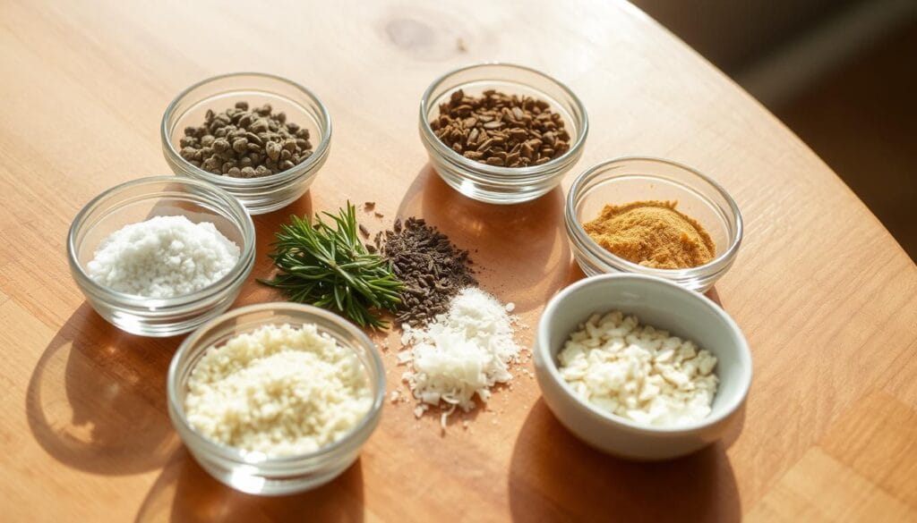 A table with a wooden surface, positioned in natural daylight. On the table, an assortment of spices and herbs are arranged in small bowls, including coarse sea salt, cracked black pepper, dried thyme, rosemary, garlic powder, and onion flakes. The lighting is soft and diffused, creating a warm, inviting atmosphere. The focus is on the blend of these essential ingredients, highlighting their distinct textures and colors, conveying the idea of a homemade, artisanal steak seasoning.