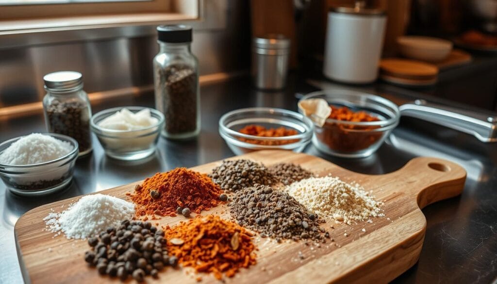 A stainless steel countertop with an assortment of spices and herbs arranged neatly. In the foreground, a wooden board with various spices and seasonings, including coarse sea salt, black peppercorns, garlic powder, onion powder, smoked paprika, and dried thyme. In the middle ground, a chef's knife and a small bowl filled with the homemade dry rub mixture. The background is softly lit, with natural light filtering in through a window, creating a warm, rustic atmosphere. The overall scene conveys a sense of culinary preparation and the creation of a signature steak seasoning blend.