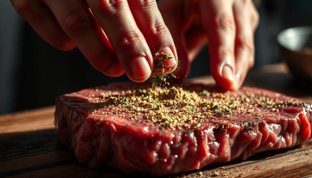 A close-up view of a hand carefully applying a blend of aromatic spices and herbs onto the surface of a high-quality steak. The spices are evenly distributed across the meat, creating a visually appealing and flavorful seasoning layer. Dramatic side lighting casts shadows that accentuate the texture of the steak and the application technique. The background is blurred, keeping the focus on the hands and the steak. The overall atmosphere conveys a sense of precision, attention to detail, and the anticipation of a delicious, juicy steak.